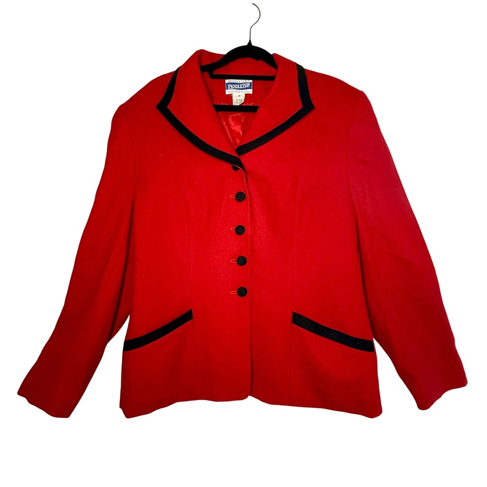 Vintage Pendleton Women's 14 Red Virgin Wool Blazer Black Trim Made in USA